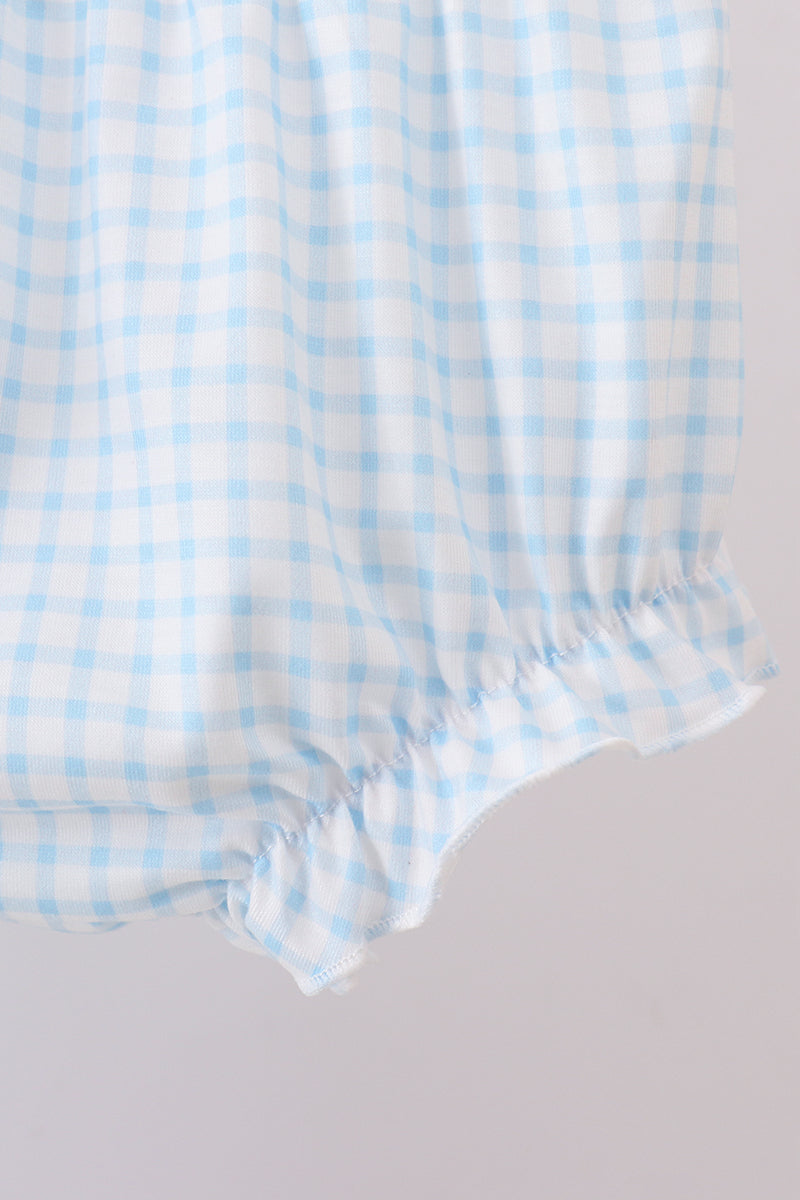 Blue zoo animal embroidery gingham puff sleeve bloomer set