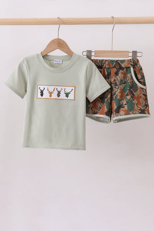 Camouflage deer antler embroidery shorts set