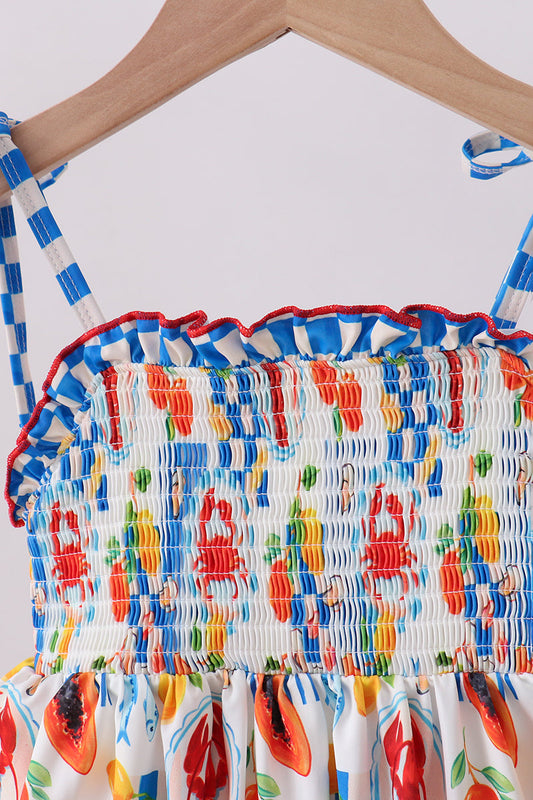 Lemon lobster crab print smocked swimsuit set