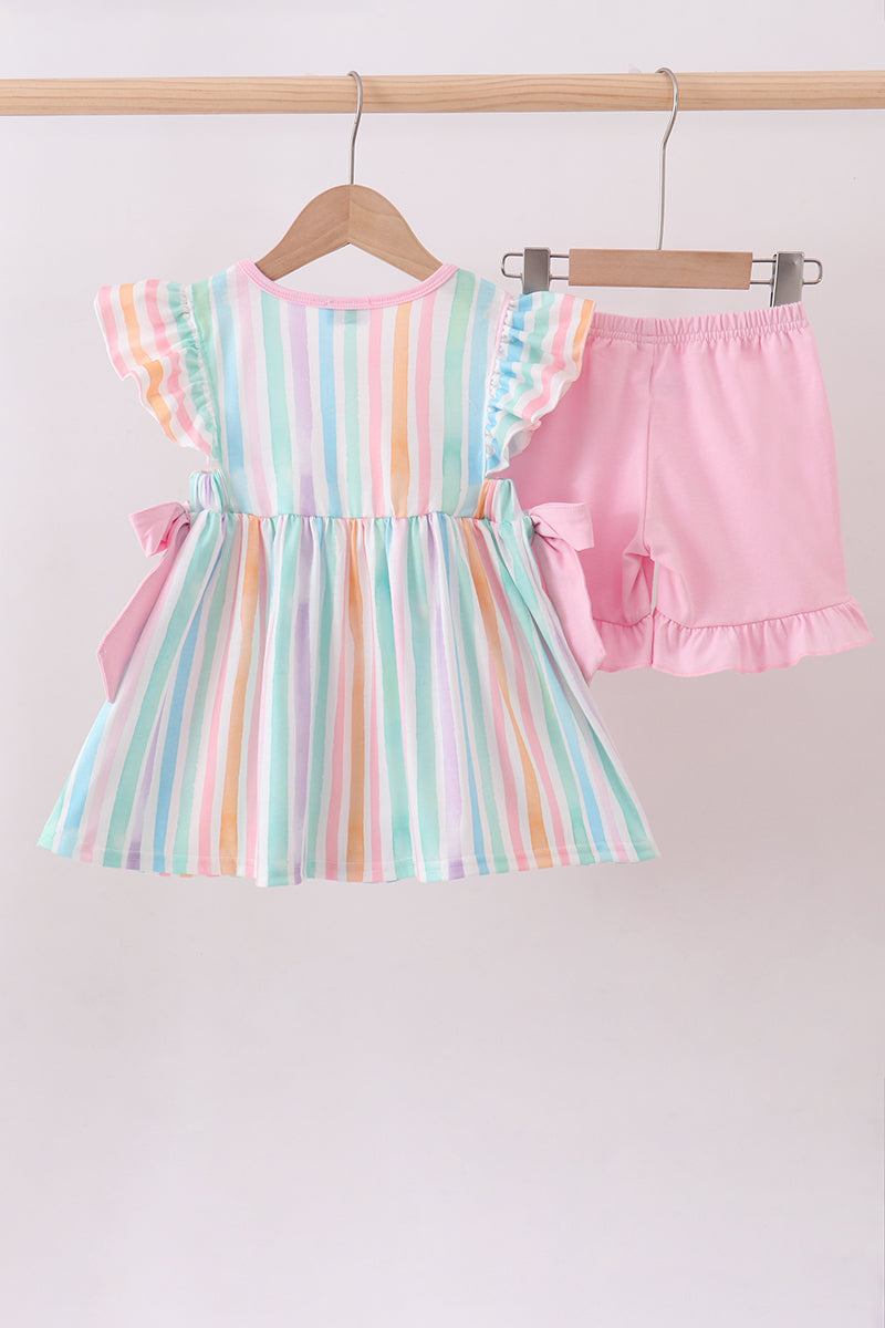 Multicolored stripe marine embroidery ruffle shorts set