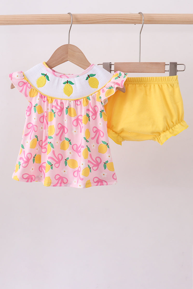 Pink lemon smocked bloomer set