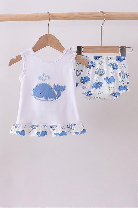 Blue whale applique ruffle bloomer set