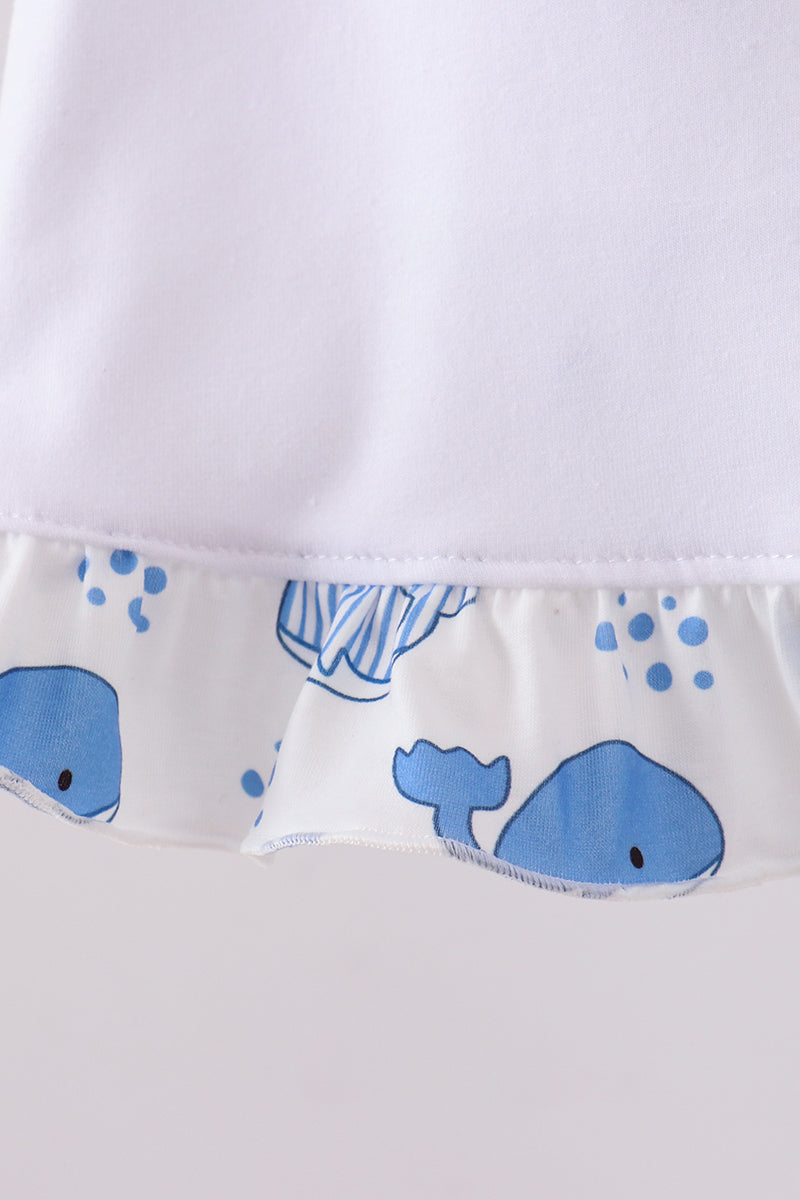 Blue whale applique ruffle bloomer set