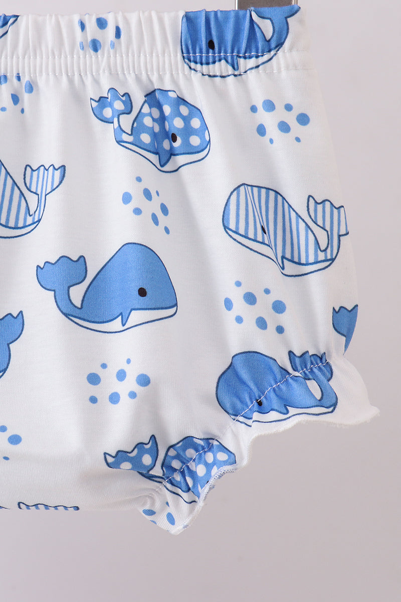 Blue whale applique ruffle bloomer set