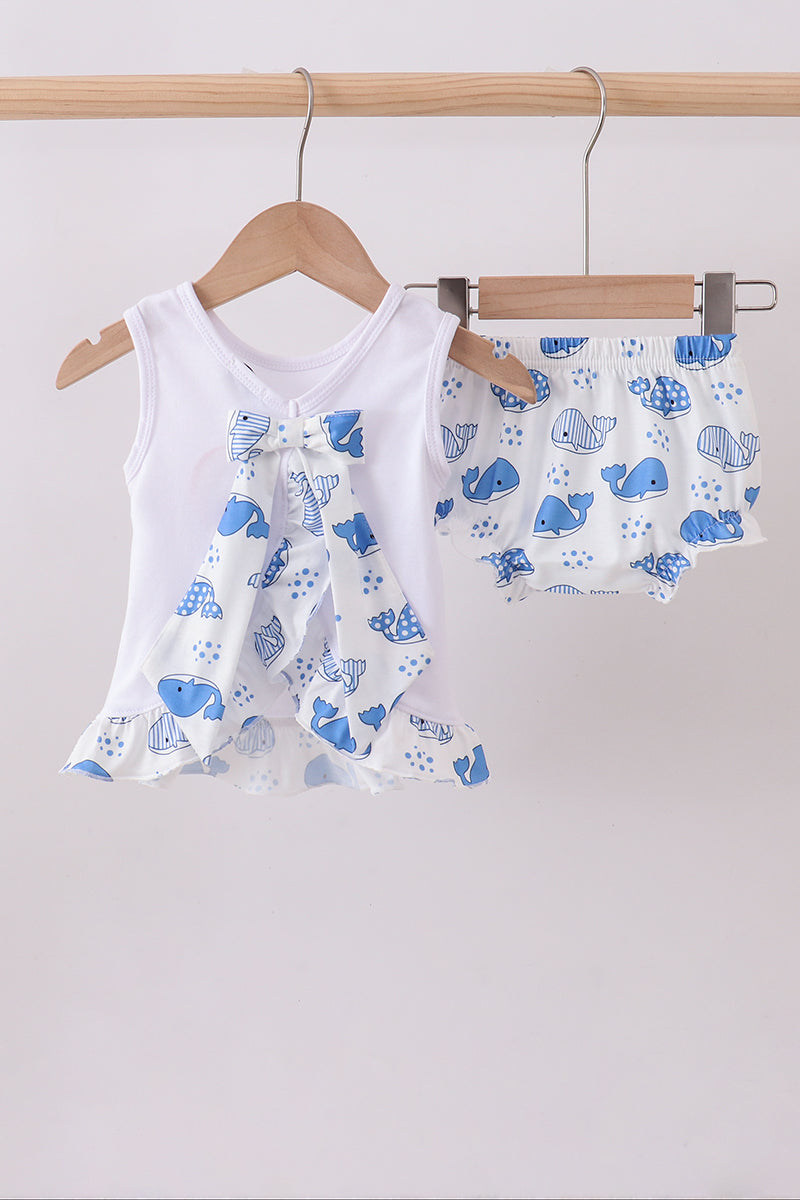 Blue whale applique ruffle bloomer set