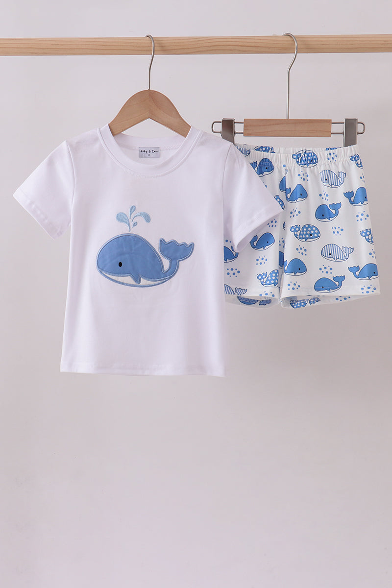 Blue whale applique shorts set