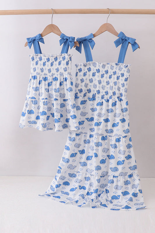 Blue whale smocked ruffle mom&me dress