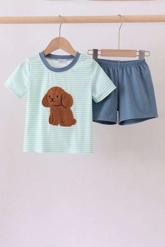 Green stripe puppy french knot shorts set