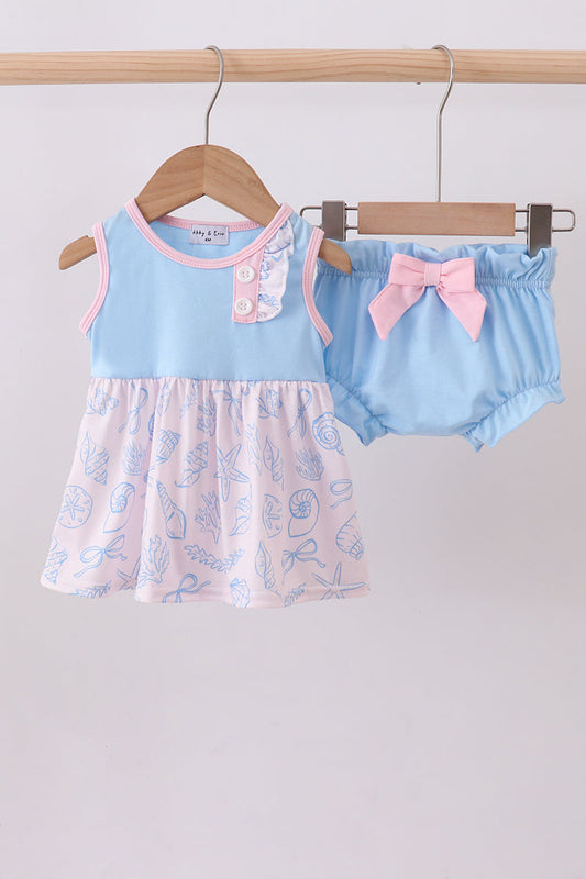 Blue shell starfish print bow bloomer set