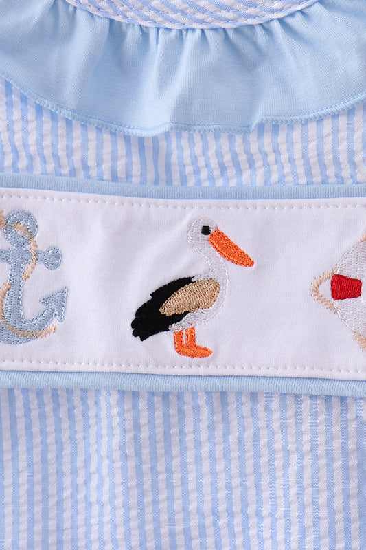Blue nautical trio embroidery seersucker ruffle bubble