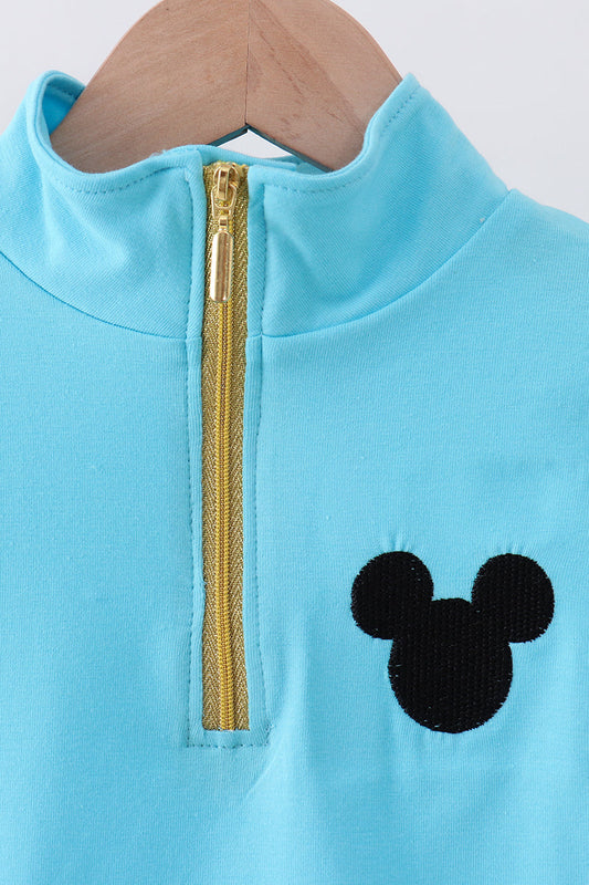 Blue character embroidery zip pullover