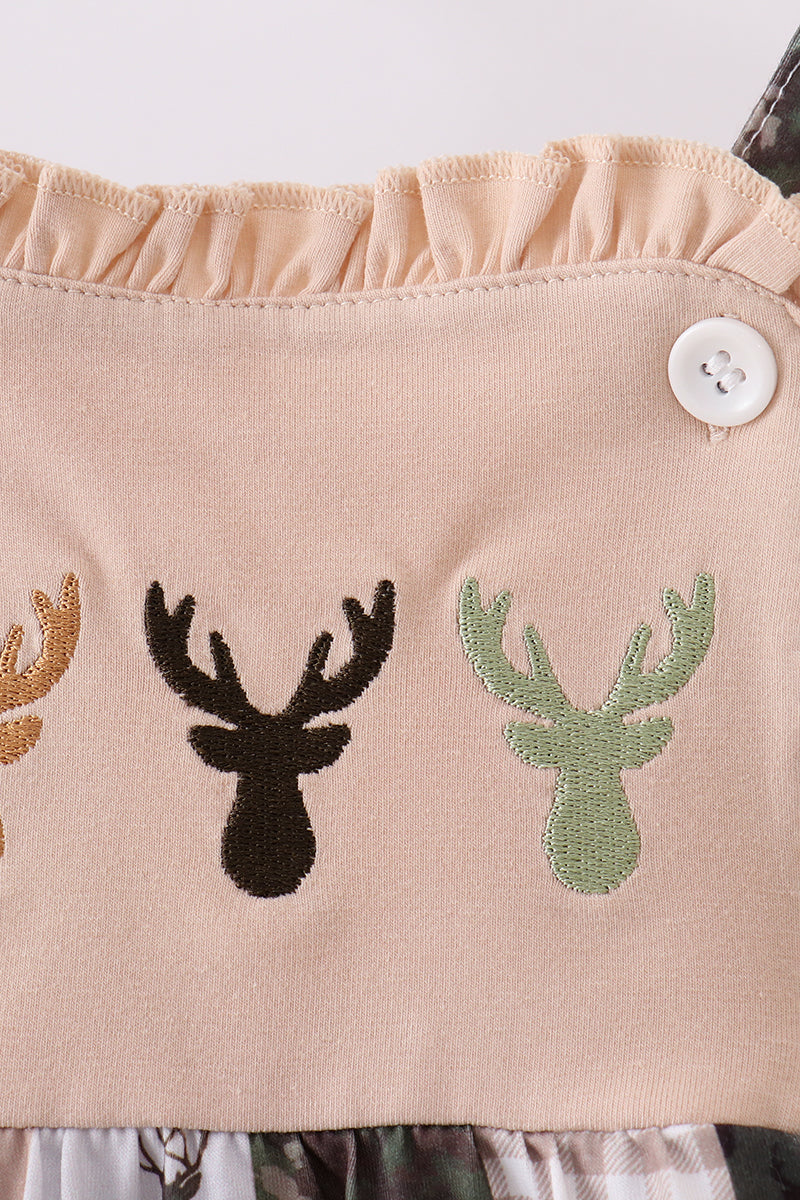 Green hunting deer embroidery checkered ruffle bubble