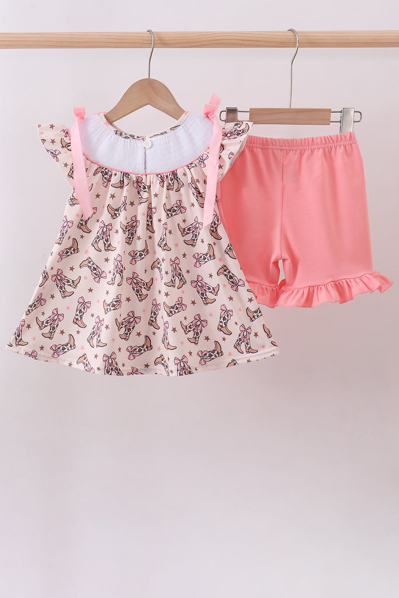 Western cowboy boots smocked ruffle shorts set