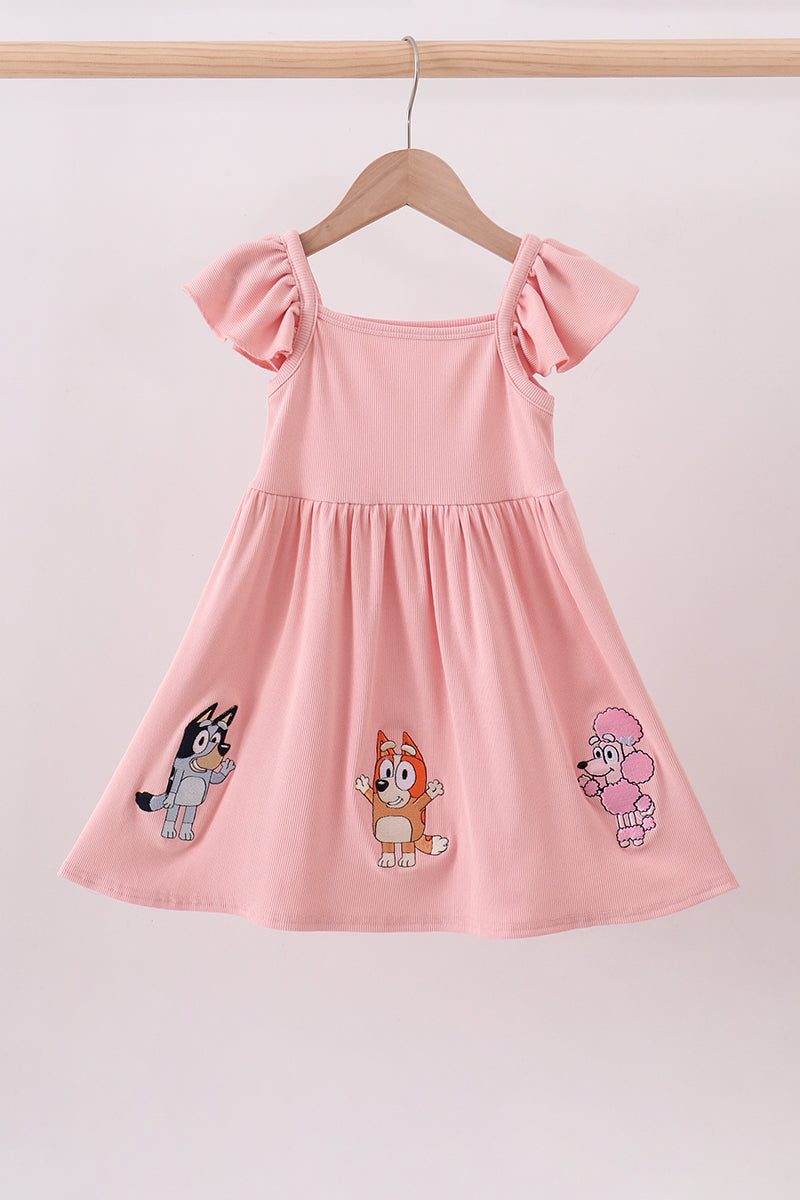 Pink character embroidery flutter sleeve dress
