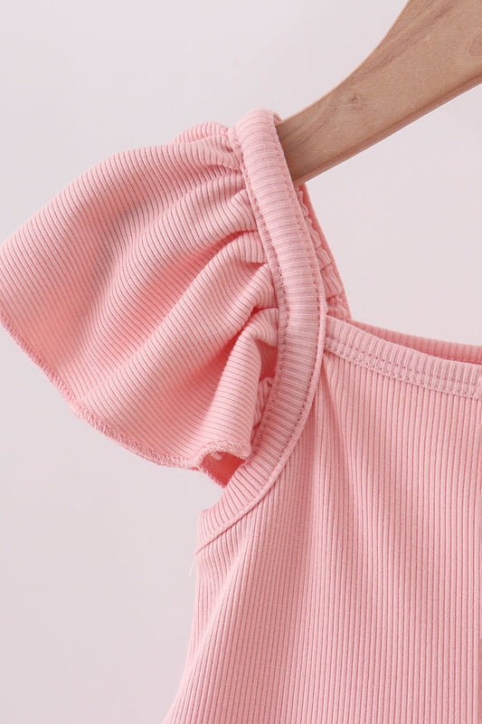 Pink character embroidery flutter sleeve dress