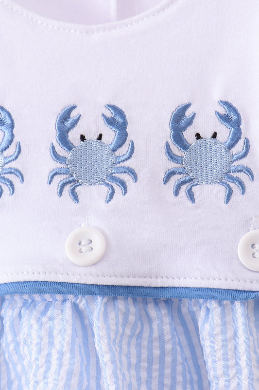 Blue Crab Embroidered Seersucker Bubble