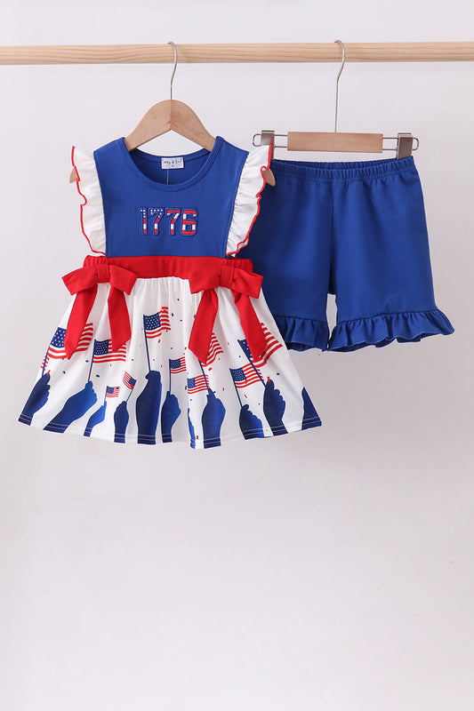 Blue 1776 flag embroidery ruffle shorts set
