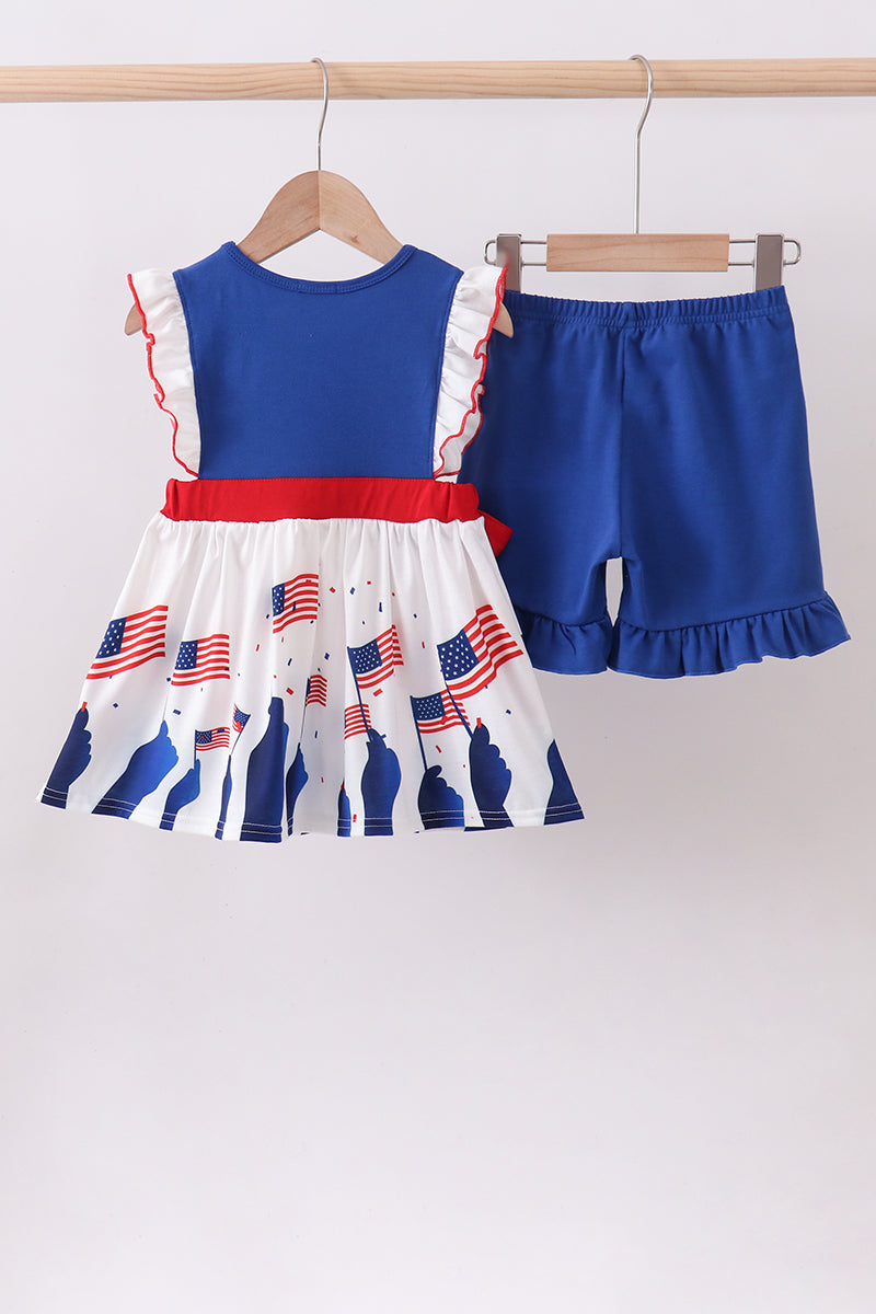 Blue 1776 flag embroidery ruffle shorts set