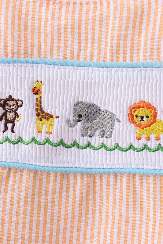 Orange stripe seersucker animal smocked jonjon