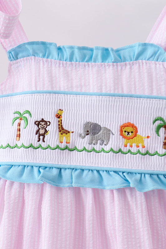 Pink stripe seersucker animal smocked ruffle shorts set