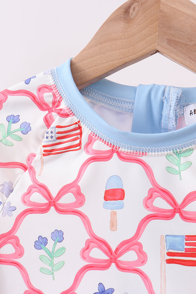 Blue floral bow tie ruffle 2pc swimsuit