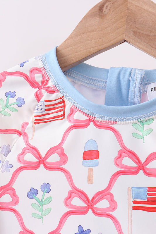 Blue floral bow tie ruffle 2pc swimsuit