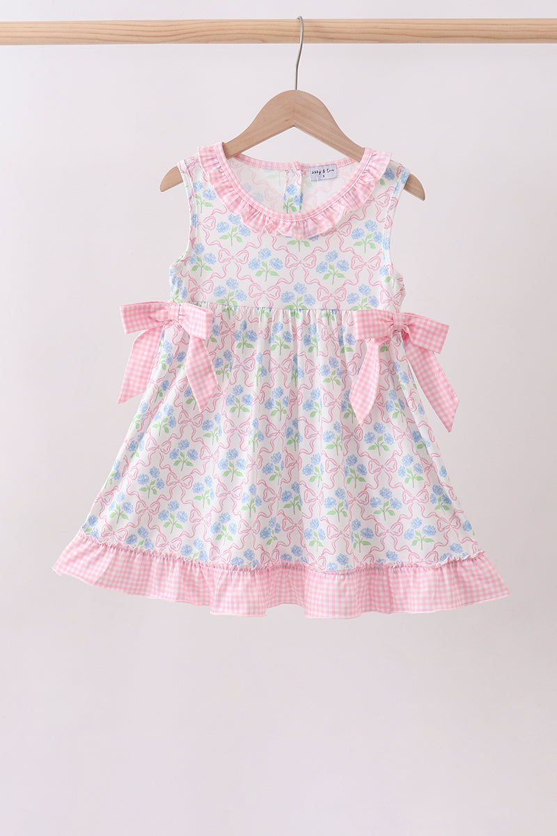 Pink hydrangea bow print ruffle dress