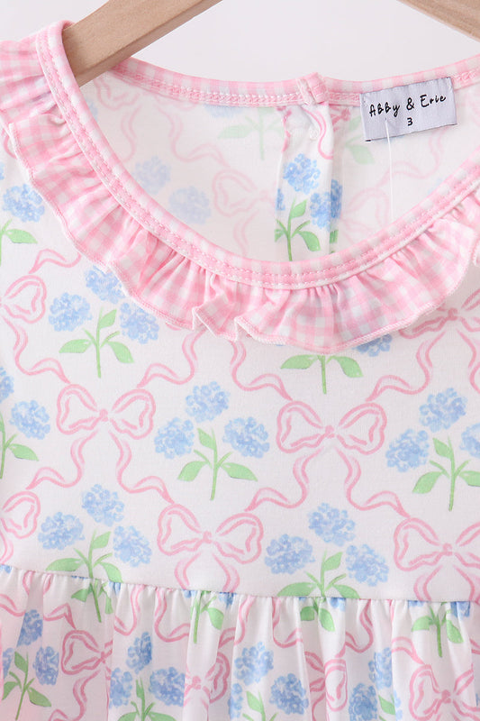 Pink hydrangea bow print ruffle dress