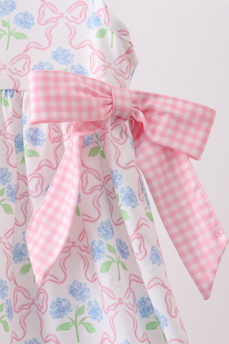 Pink hydrangea bow print ruffle dress