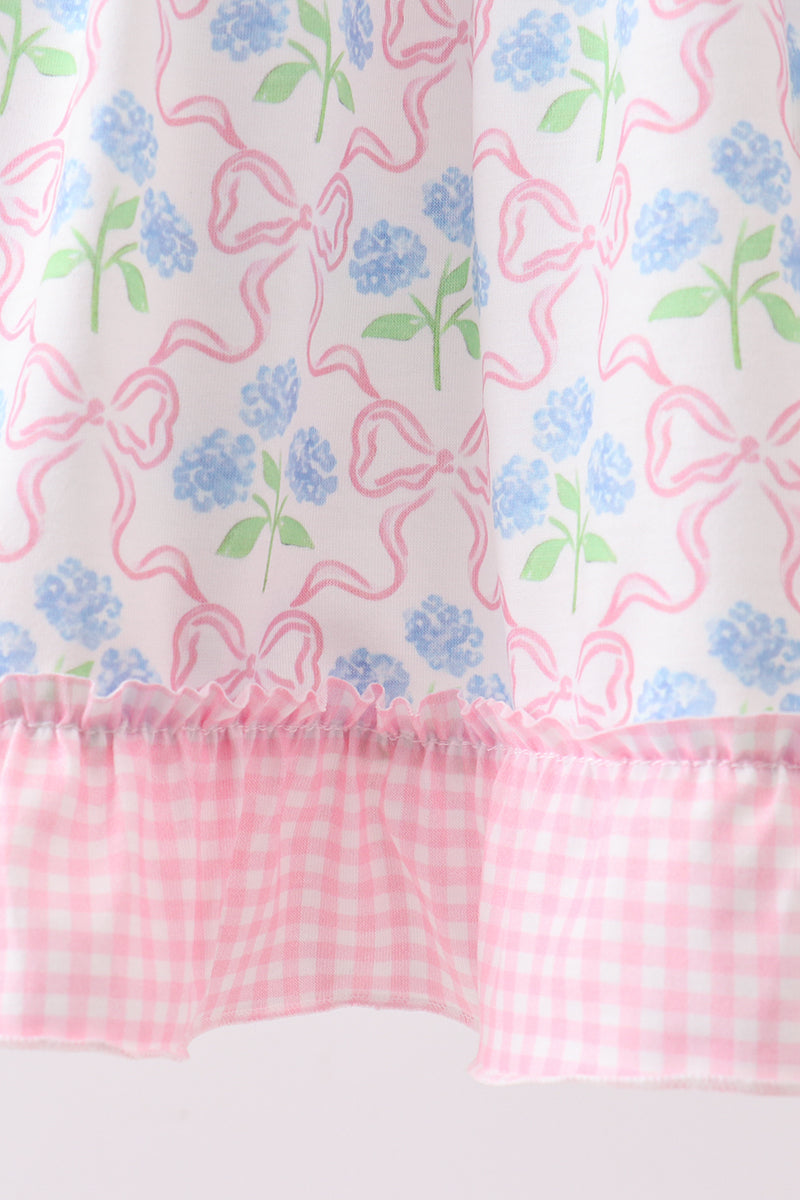 Pink hydrangea bow print ruffle dress