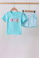 Blue character embroidery shorts set