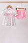 Pink floral bow smocked ruffle bloomer set