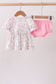 Pink floral bow smocked ruffle bloomer set