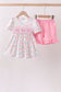 Pink floral bow smocked ruffle shorts set