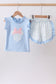 Blue character applique ruffle shorts set