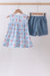 Blue strawberry bow ruffle shorts set