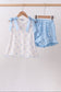 Blue bow ribbon print ruffle shorts set