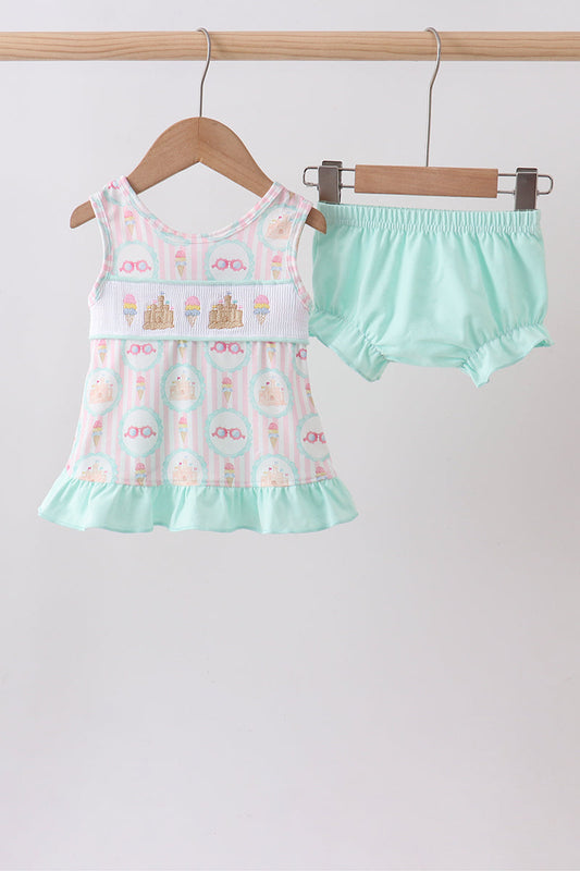 Green castle ice cream smocked ruffle bloomer set