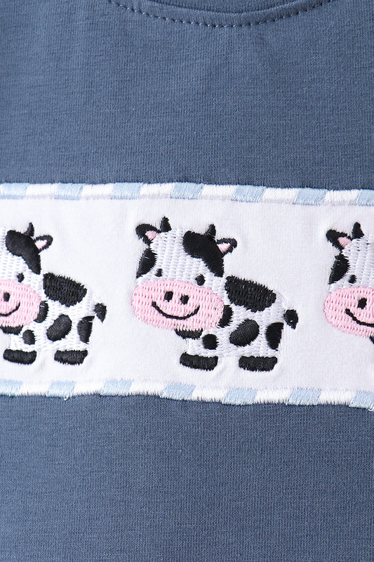 Blue Cow Plaid Embroidered Set