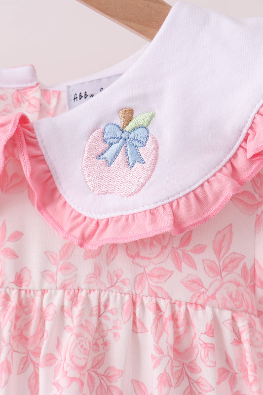 Pink Rose Apple Embroidery Ruffle Dress