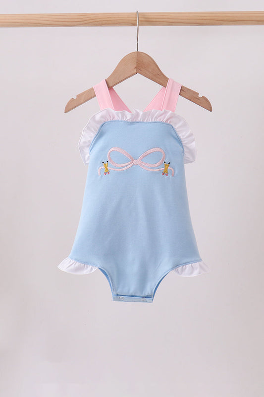 Blue pencil bow embroidery ruffle bubble