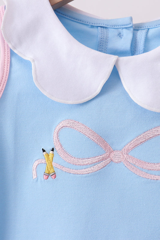 Blue pencil bow embroidery ruffle skorts set