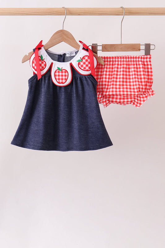 Navy Apple Applique Denim Bloomer Set