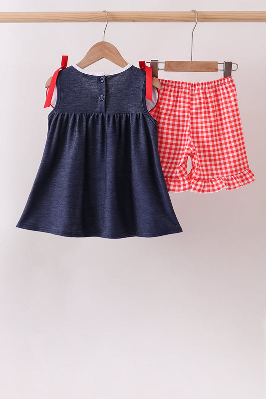 Navy Apple Applique Denim Ruffle Set