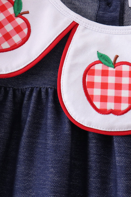 Navy Apple Applique Denim Dress