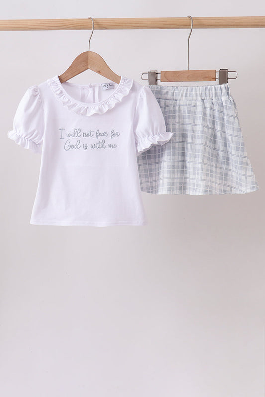 Blue Faith Quote Embroidered Ruffle Shorts Set