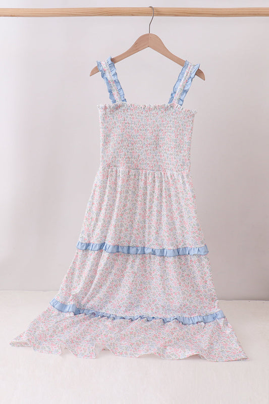 Blue Floral Smocked Mom Tiered Dress