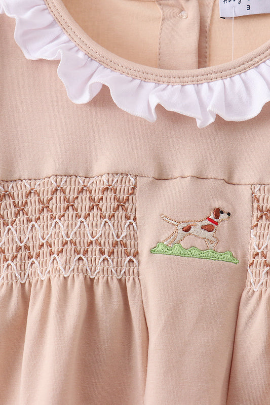 Khaki Puppy Smocked Ruffle Shorts Set