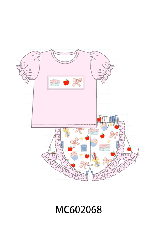 Pink Apple Embroidered Ruffle Set