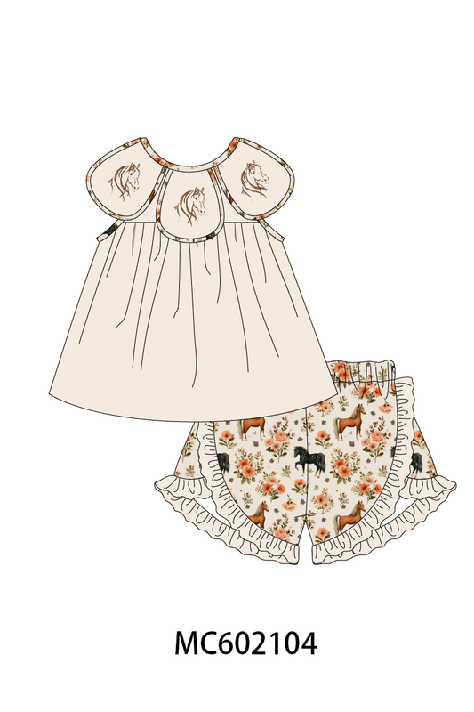 Khaki horse embroidery ruffle shorts set